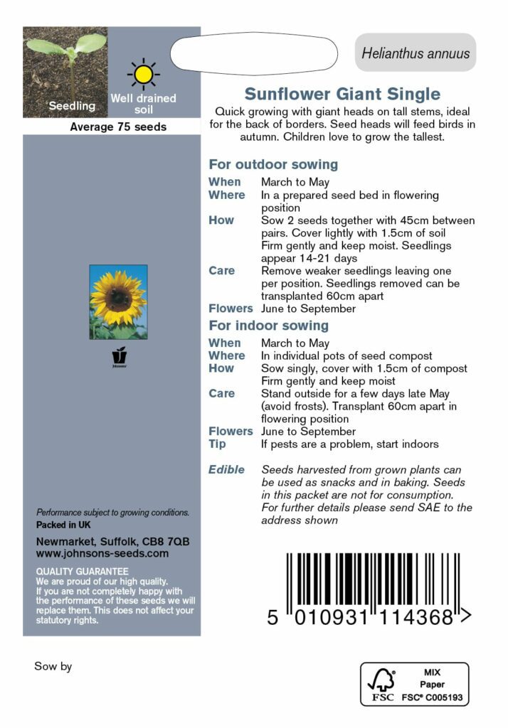 Johnsons Sunflower Giant Single Seeds 5010931114368