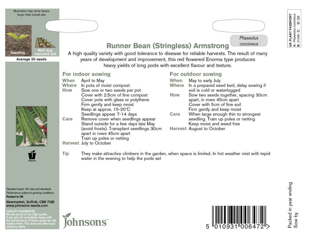 Johnsons Runner Bean Armstrong (Stringless) Seeds 5010931006472