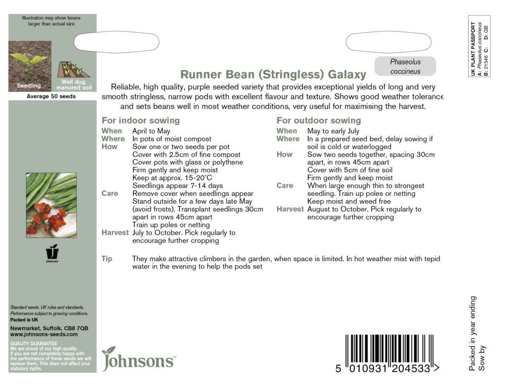 Johnsons Runner Bean Galaxy (Stringless) Seeds 5010931204533