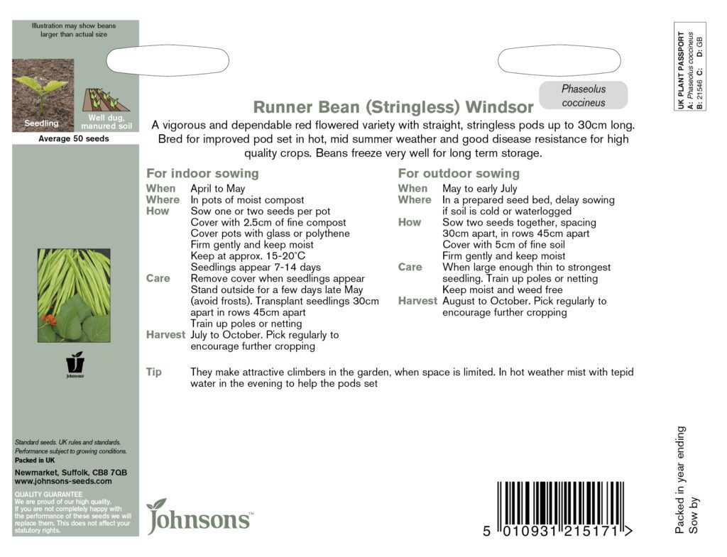 Johnsons Runner Bean Windsor (Stringless) Seeds 5010931215171