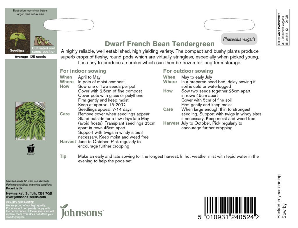 Johnsons Dwarf French Bean Tendergreen Seeds 5010931240524