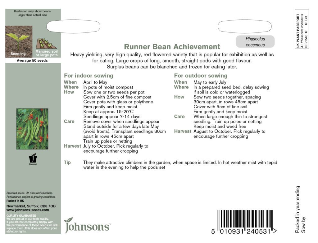 Johnsons Runner Bean Achievement Seeds 5010931240531