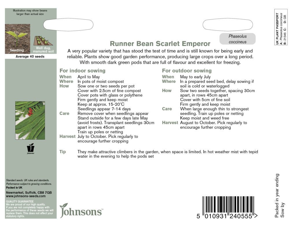 Johnsons Runner Bean Scarlet Emperor Seeds 5010931240555