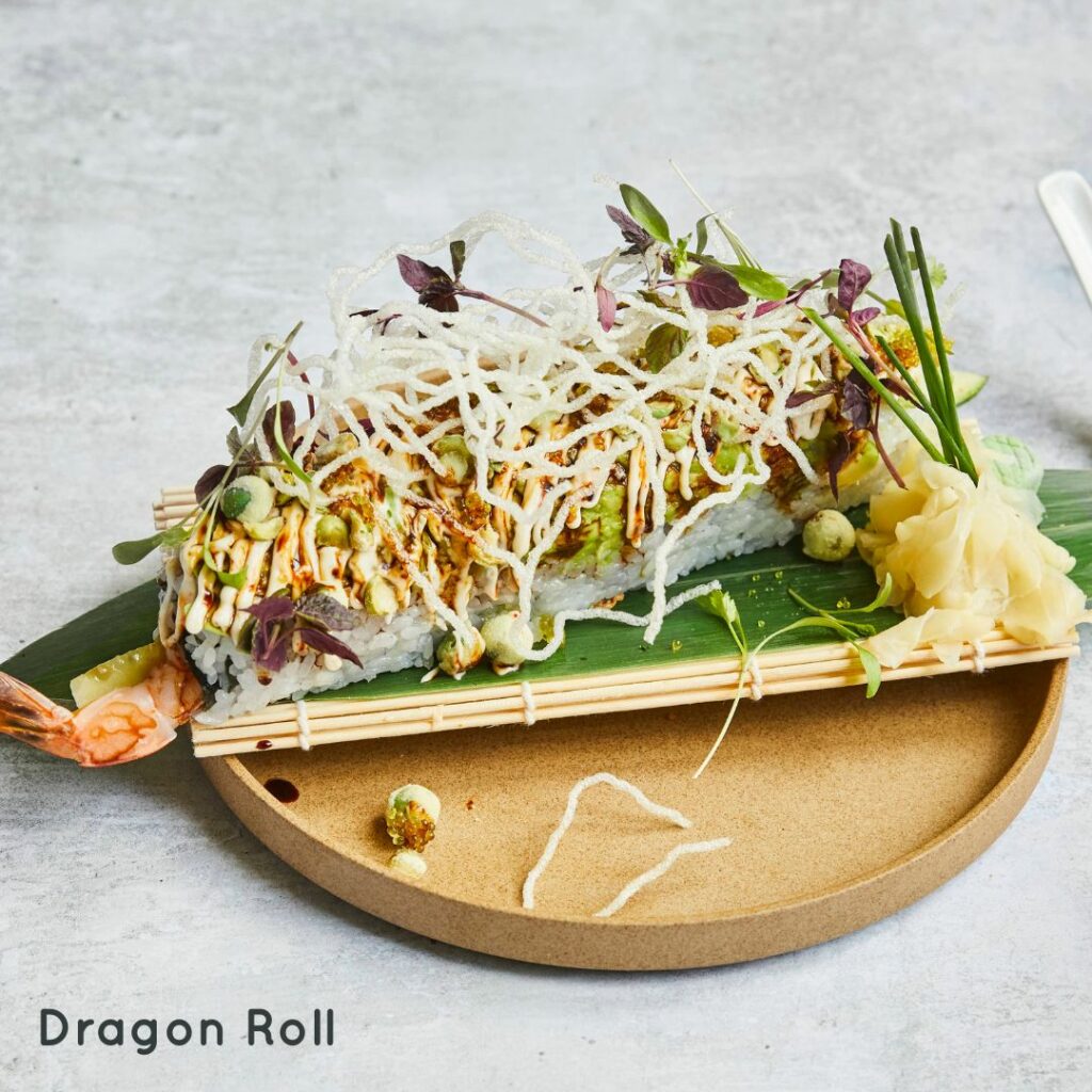 A plated up sushi dragon roll