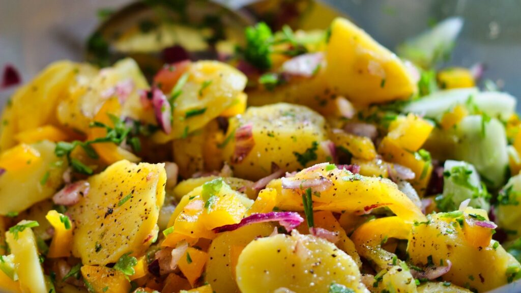 close up of a potato salad with seasoning