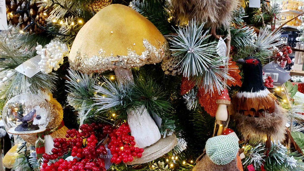 big mushroom on woodland themed christmas tree