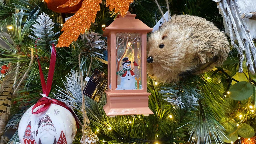 woodland themed christmas tree decorations close up