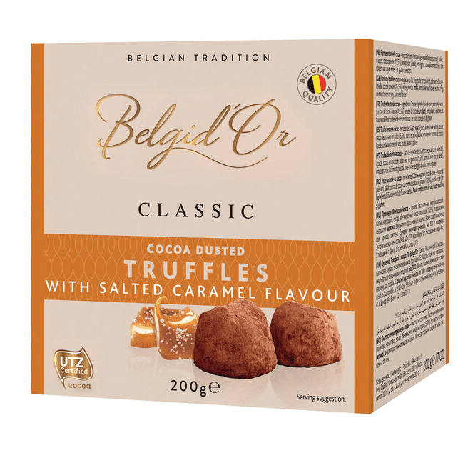 belgid or belgian cocoa dusted truffles salted caramel